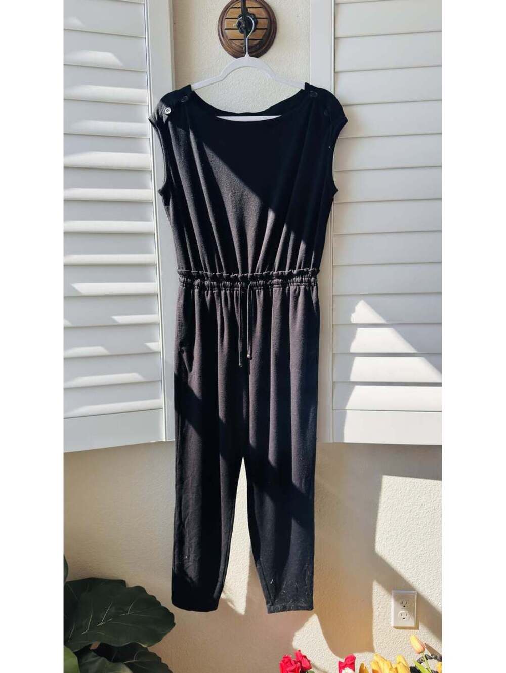 Max Studio Black Knit Button-Shoulder Drawstring Jumpsuit Size M